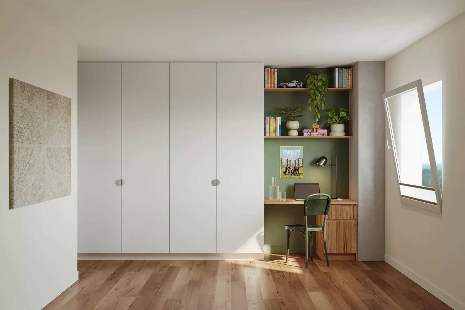Built-in storage and study nook
