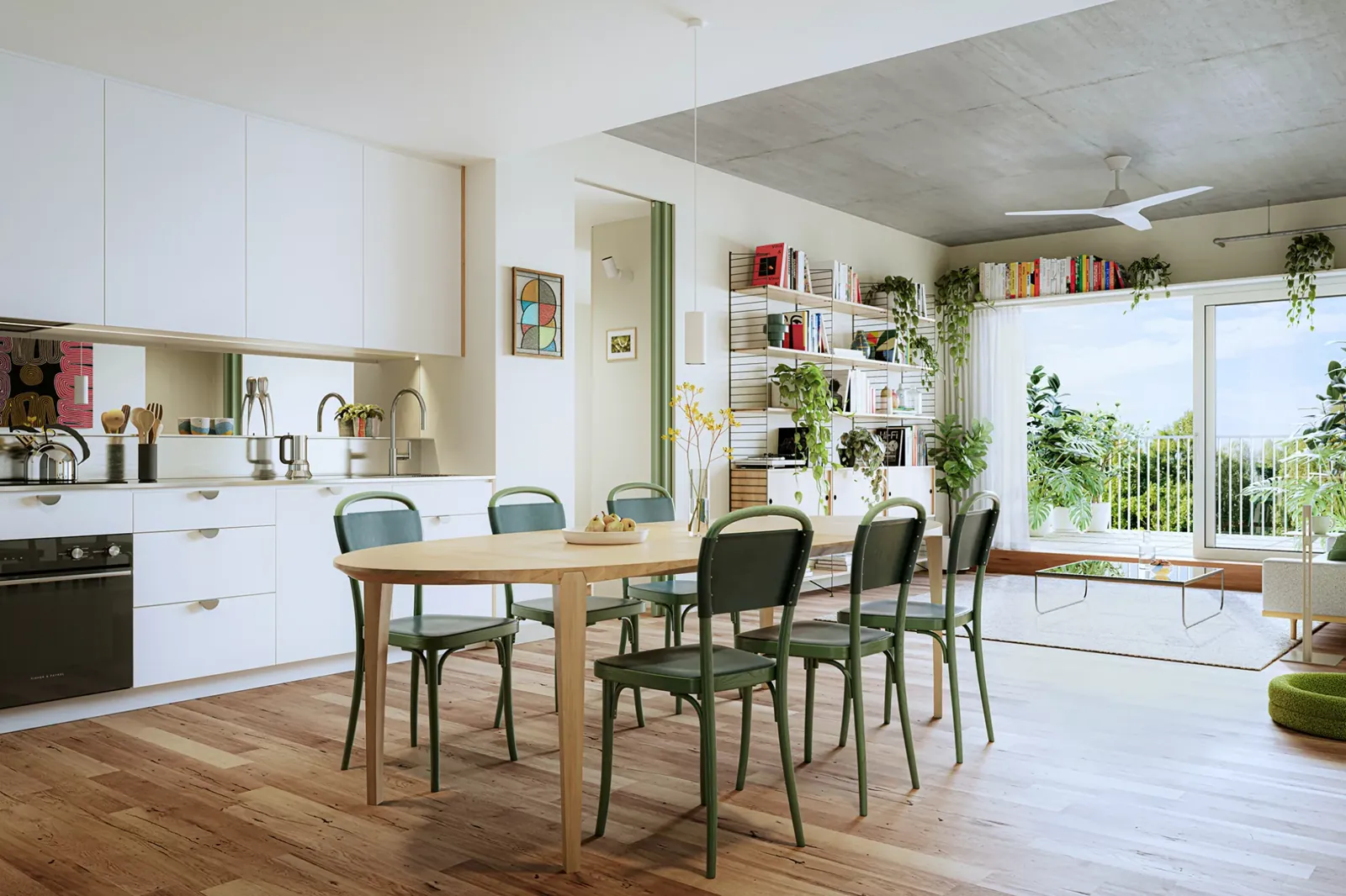 Kitchen and dining opening to the balcony