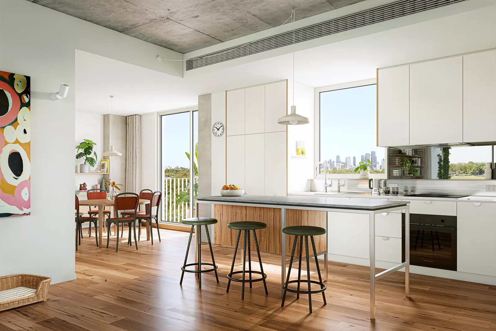 Kitchen with island bench and city views
