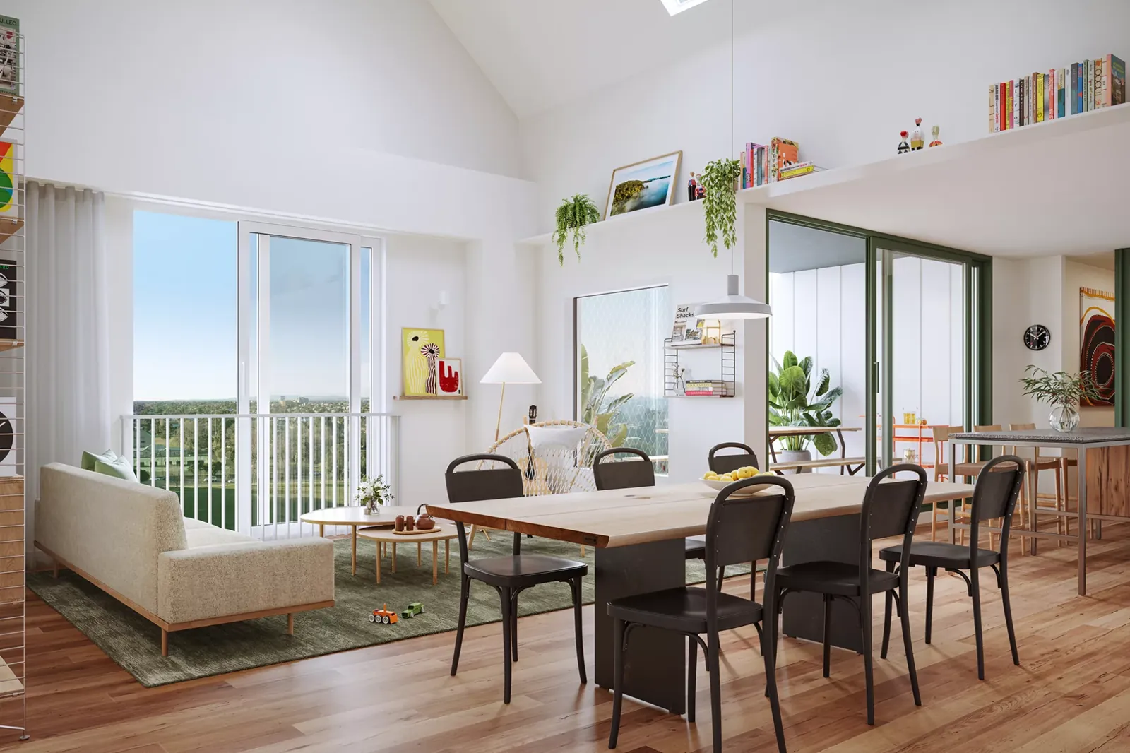 Top-floor living and dining with raked ceiling