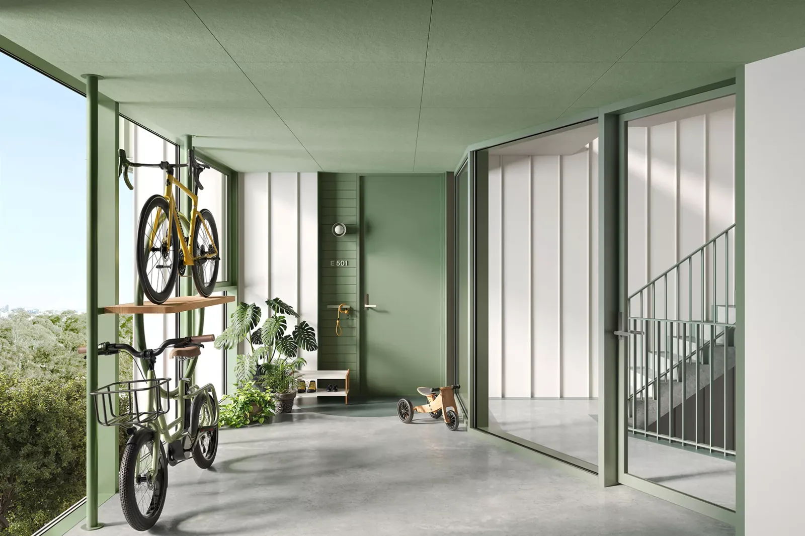 Open-air walkway with bike storage at your front door
